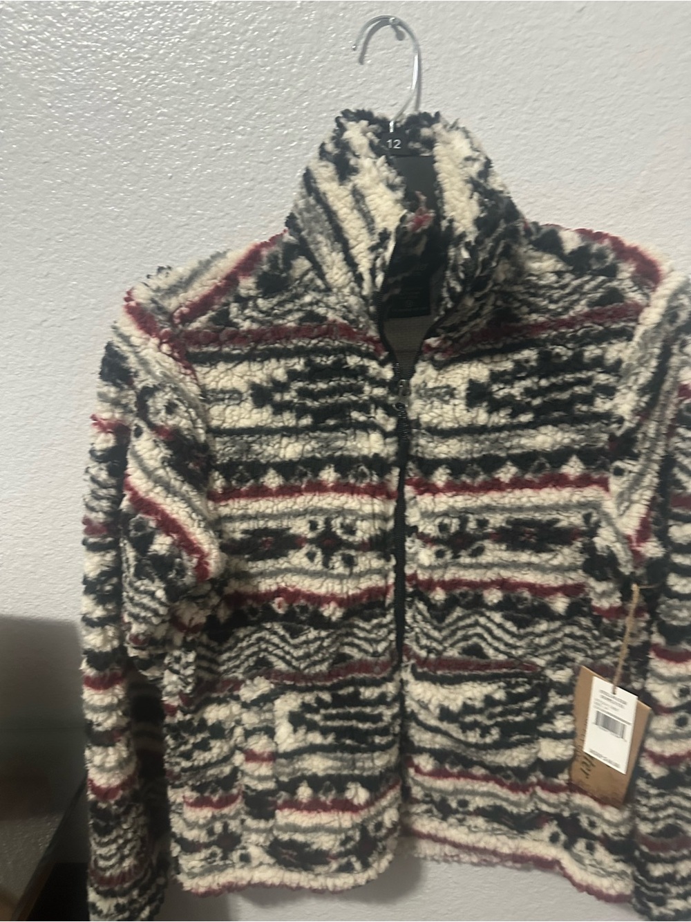 Kids Teddy Zip Jacket in Ivory, Black & Burgundy - Cozy Pattern
